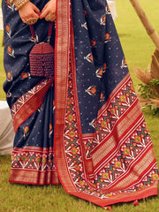 Astonishing Navy-Blue Patola Printed Silk Festival Wear Saree