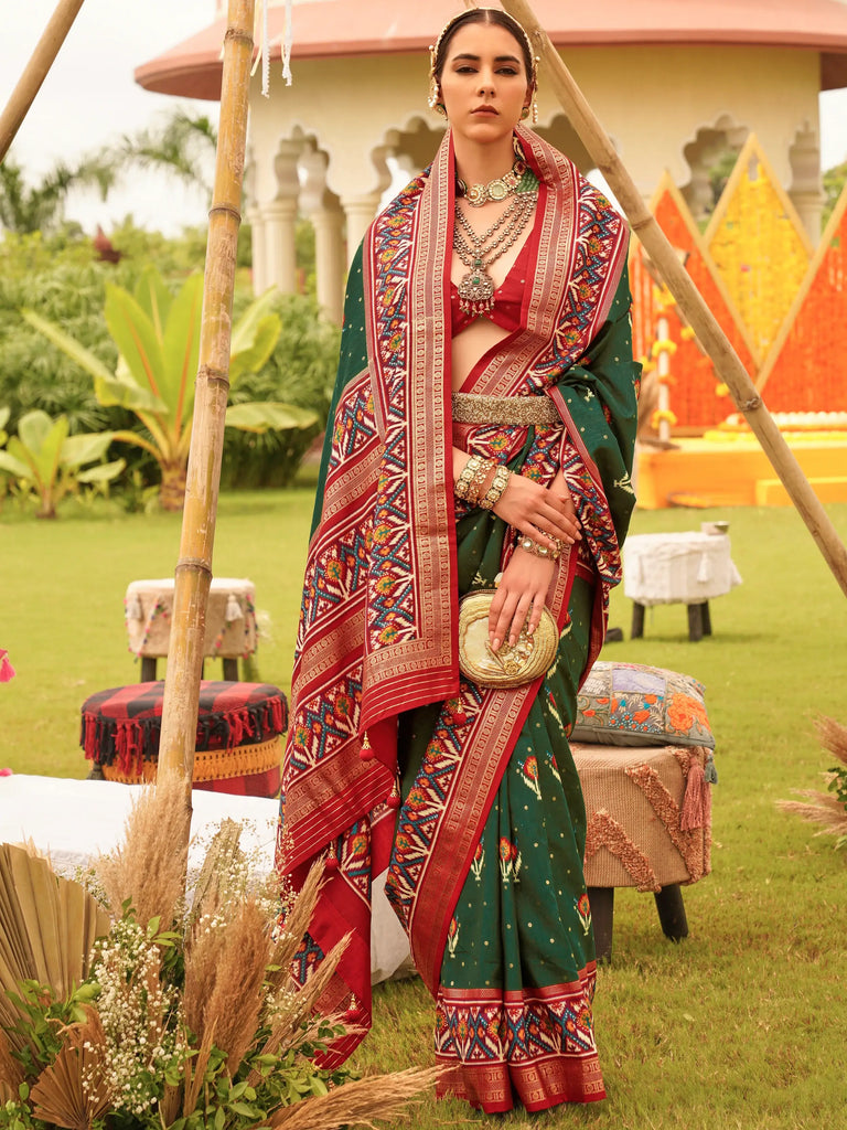 Spectacular Green Patola Printed Silk Wedding Wear Saree With Blouse