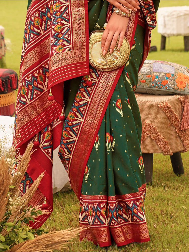 Spectacular Green Patola Printed Silk Wedding Wear Saree With Blouse