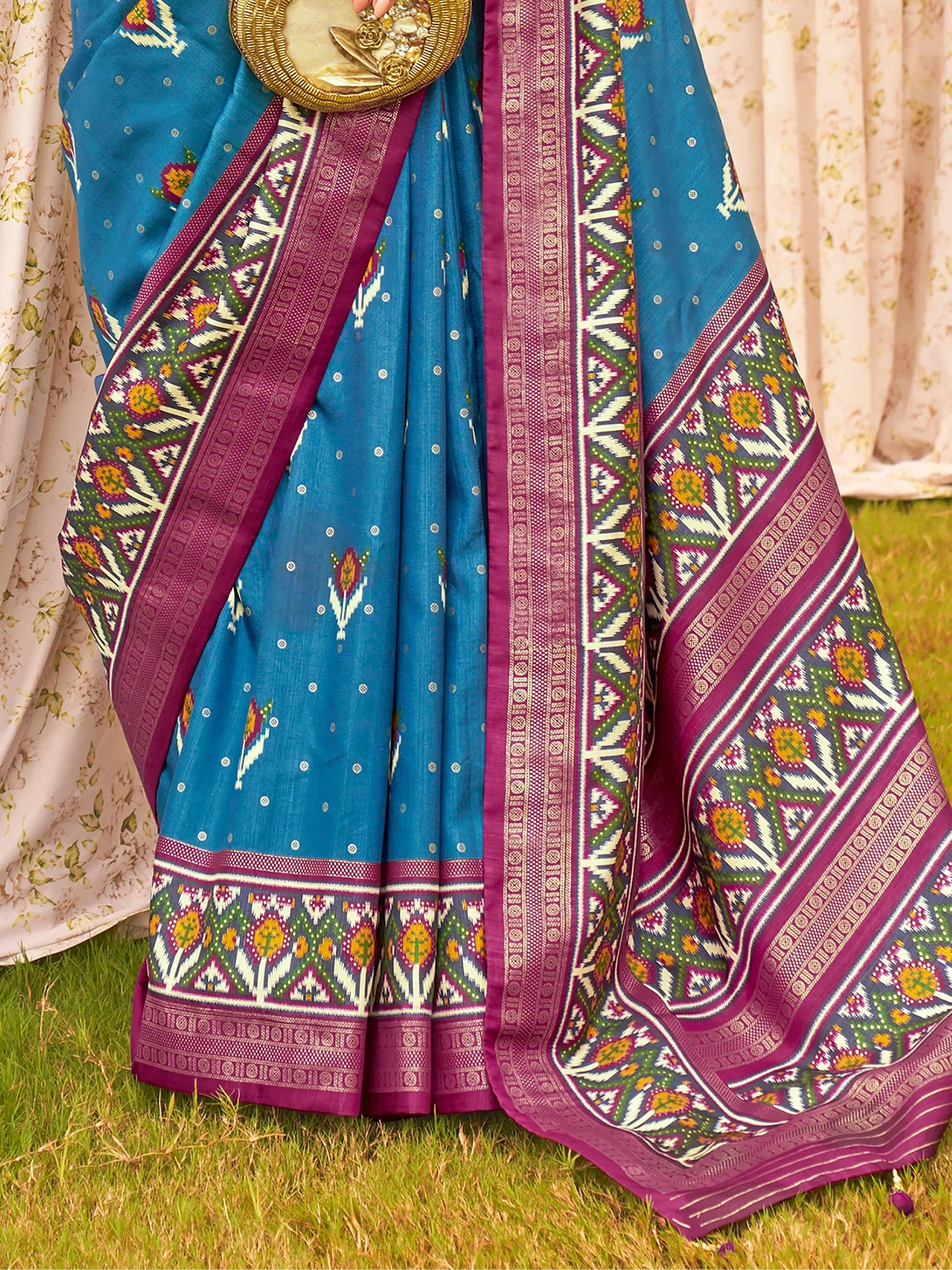 Captivating Blue Patola Printed Silk Wedding Wear Saree With Blouse