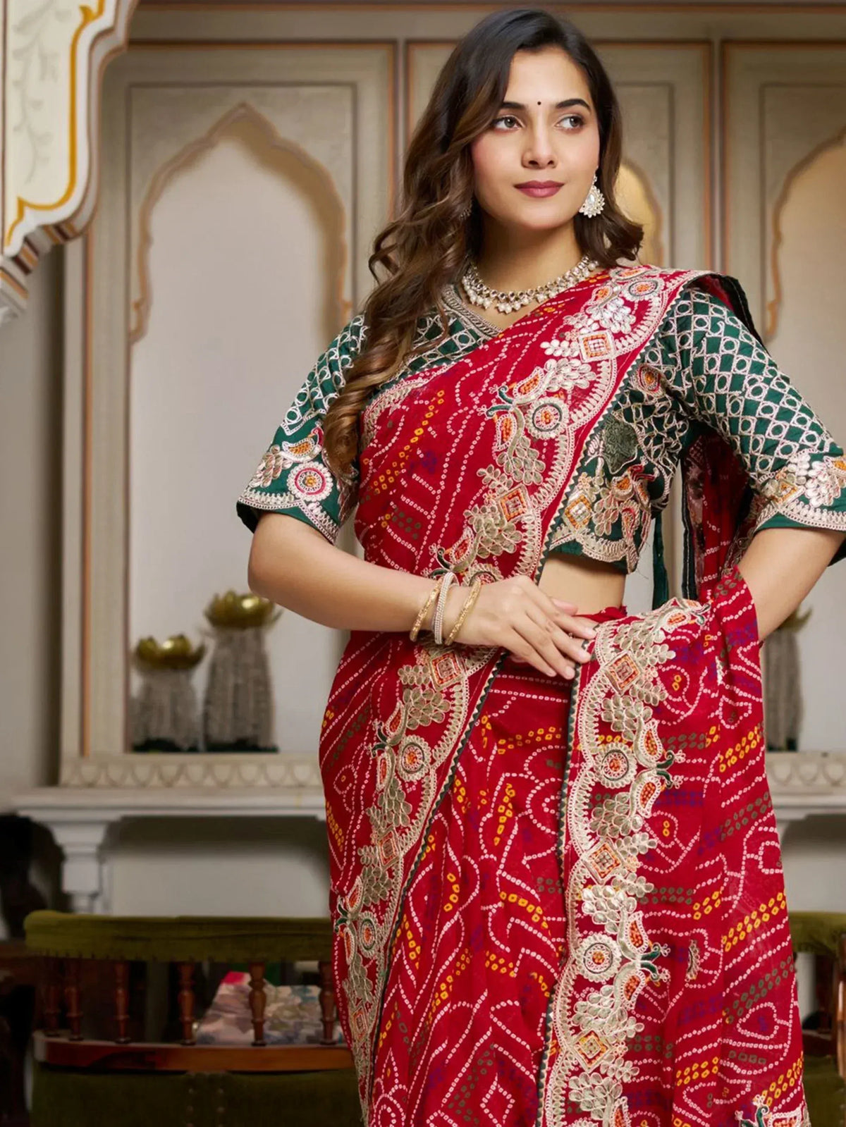 Red and green embroidered Indian ethnic saree with designer blouse, perfect for festive occasions