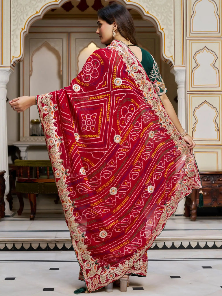 Attractive Red Bandhani Printed Wedding Wear Saree With Blouse