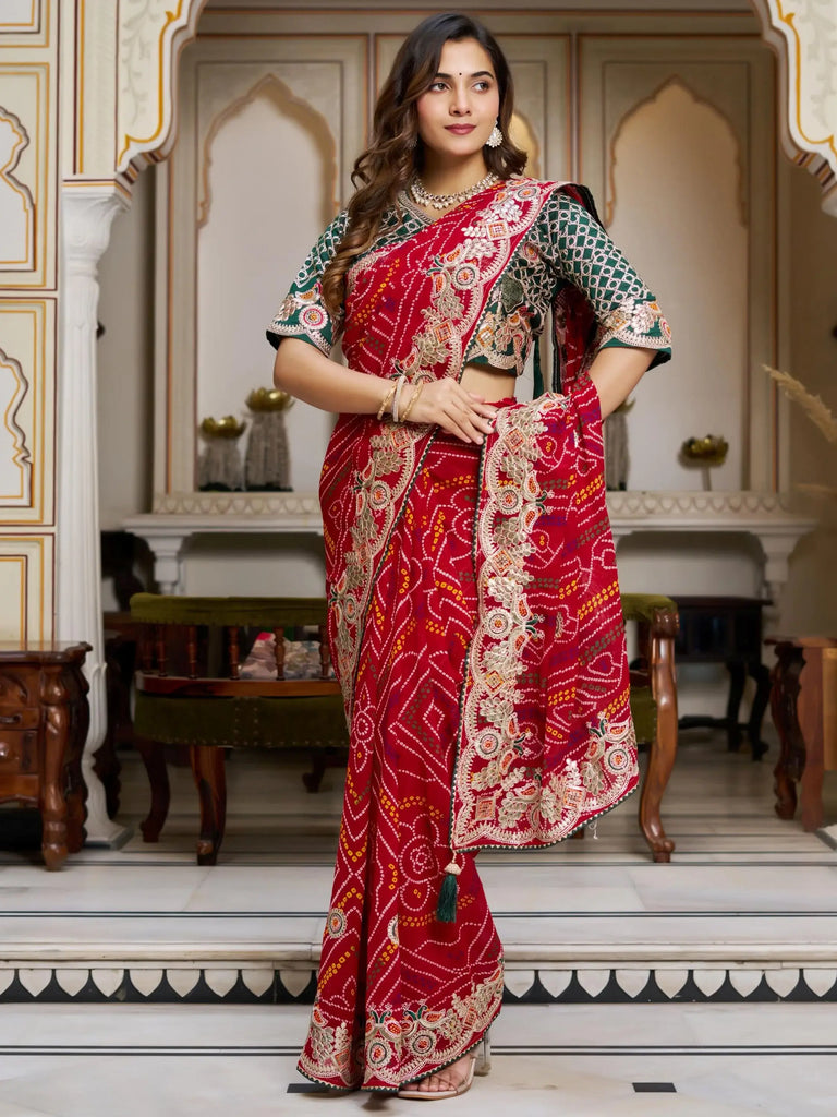 Attractive Red Bandhani Printed Wedding Wear Saree With Blouse