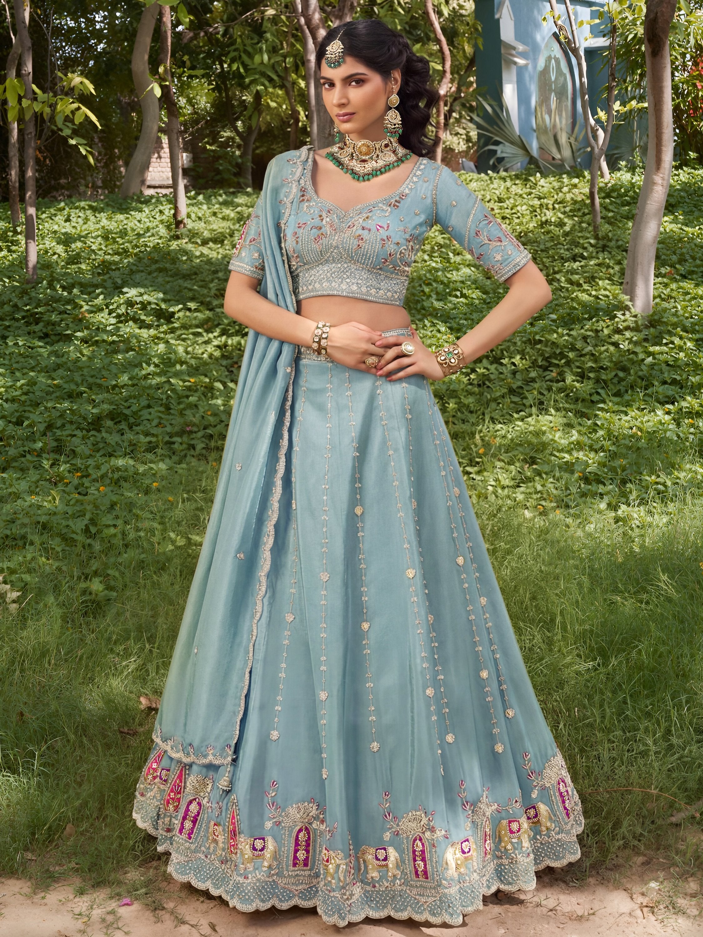 Elegant Dusty Sky Blue Stone Work Silk Bridesmaids Lehenga Choli With Dupatta