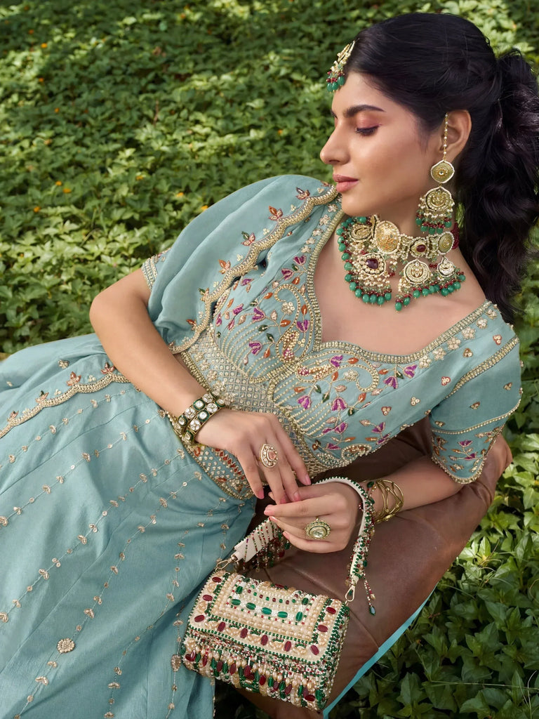 Elegant Dusty Sky Blue Stone Work Silk Bridesmaids Lehenga Choli With Dupatta
