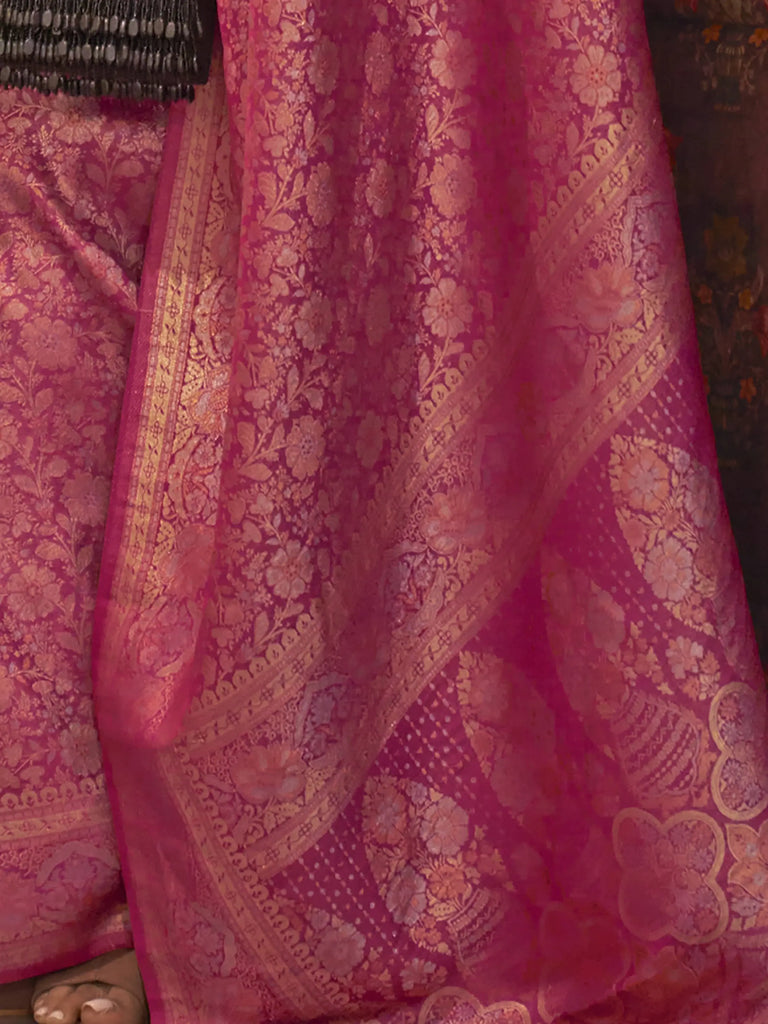 Gleaming Rani Pink Silk Zari Weaving Party Wear Saree With Blouse