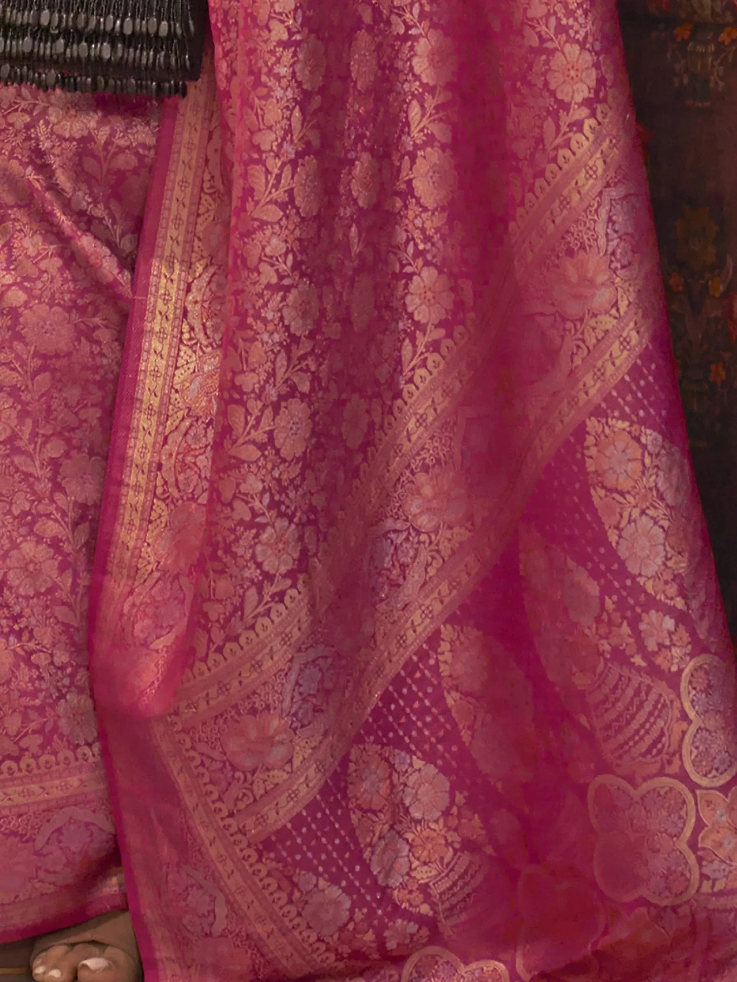Pink floral Banarasi saree with gold zari work, Indian ethnic wear