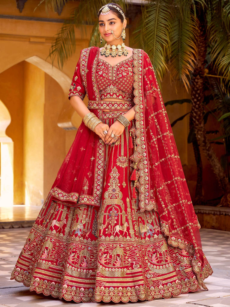 Attractive Red Hand Work Silk Bridal Lehenga Choli With Double Dupatta