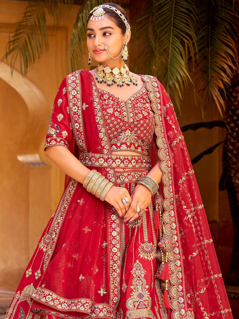 Attractive Red Hand Work Silk Bridal Lehenga Choli With Double Dupatta