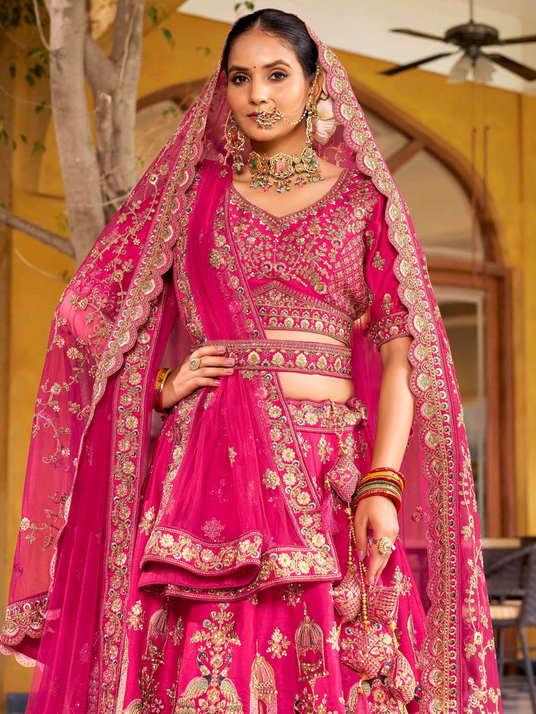 Superb Pink Embroidered Silk Bridal Wear Lehenga Choli With Double Dupatta