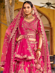 Superb Pink Embroidered Silk Bridal Wear Lehenga Choli With Double Dupatta