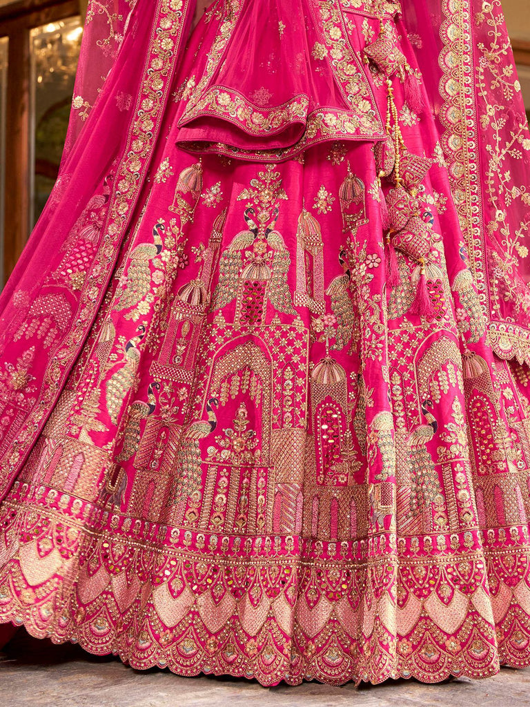 Superb Pink Embroidered Silk Bridal Wear Lehenga Choli With Double Dupatta