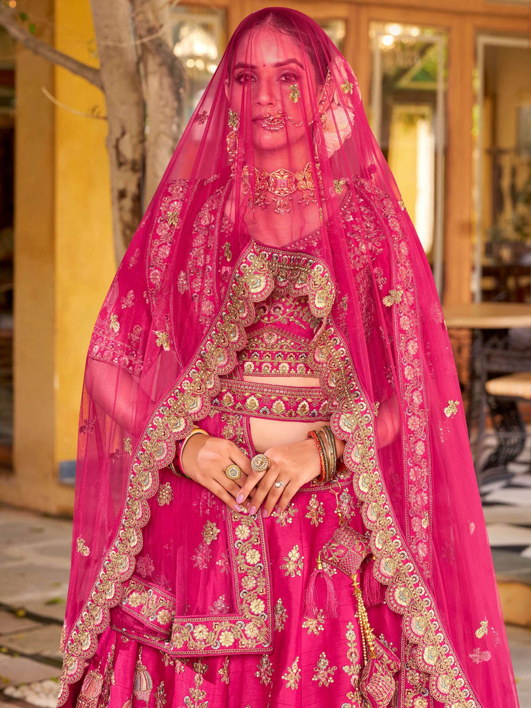 Superb Pink Embroidered Silk Bridal Wear Lehenga Choli With Double Dupatta