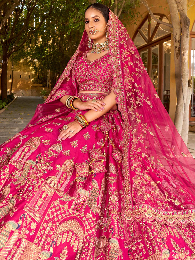Superb Pink Embroidered Silk Bridal Wear Lehenga Choli With Double Dupatta