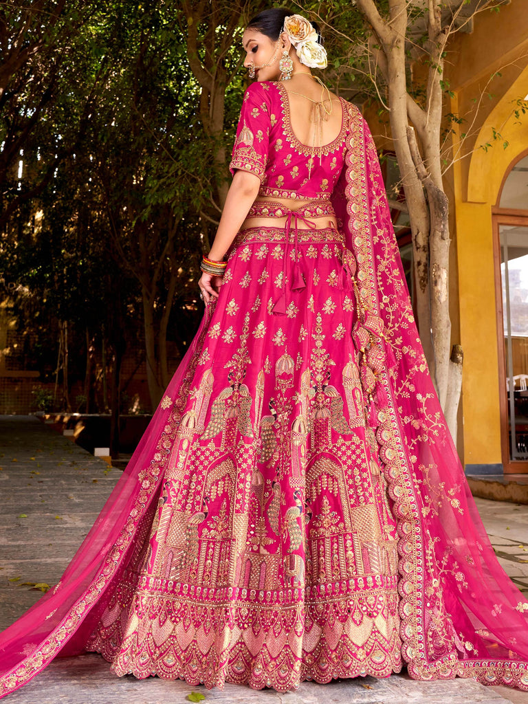 Superb Pink Embroidered Silk Bridal Wear Lehenga Choli With Double Dupatta