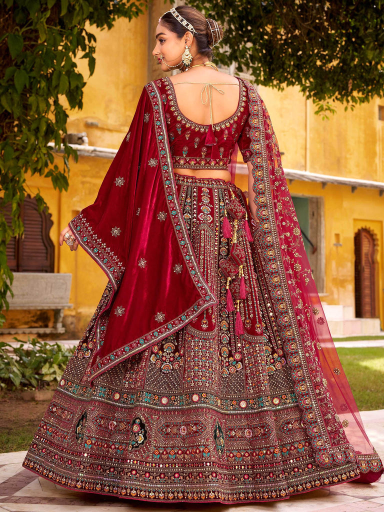 Tantalizing Maroon Zarkan Work Silk Bridal Lehenga Choli With Double Dupatta