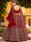 Tantalizing Maroon Zarkan Work Silk Bridal Lehenga Choli With Double Dupatta