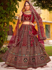 Tantalizing Maroon Zarkan Work Silk Bridal Lehenga Choli With Double Dupatta