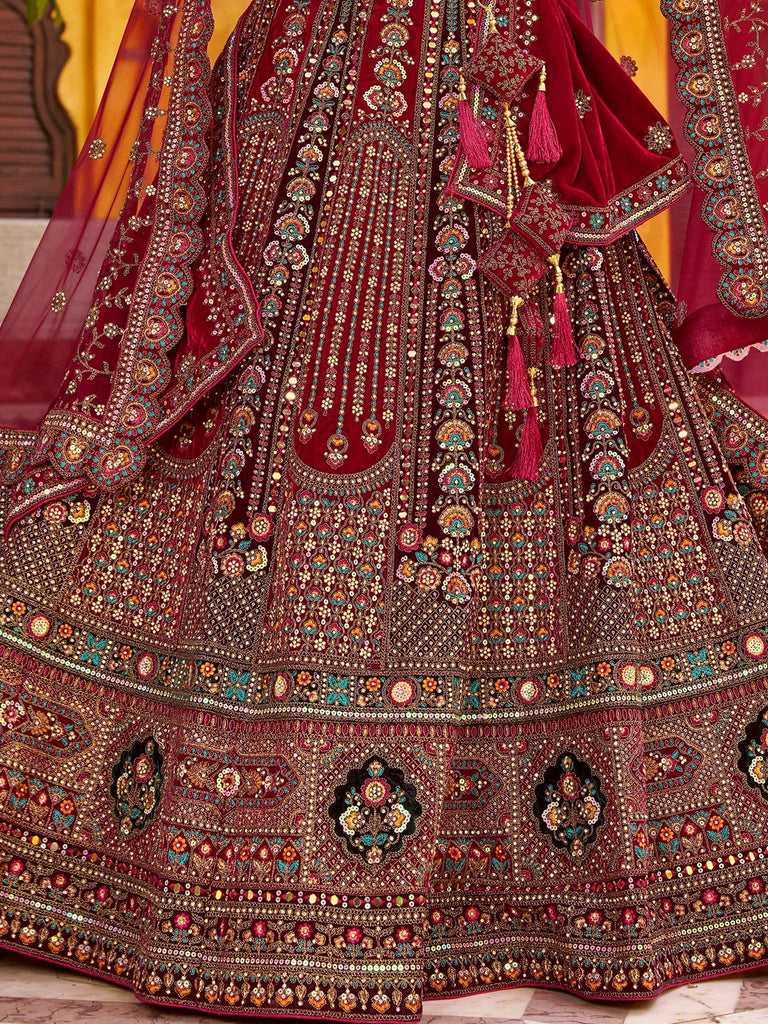 Tantalizing Maroon Zarkan Work Silk Bridal Lehenga Choli With Double Dupatta