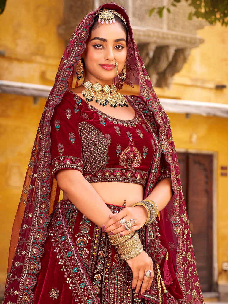 Tantalizing Maroon Zarkan Work Silk Bridal Lehenga Choli With Double Dupatta