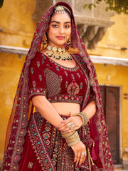 Tantalizing Maroon Zarkan Work Silk Bridal Lehenga Choli With Double Dupatta