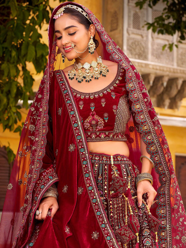 Tantalizing Maroon Zarkan Work Silk Bridal Lehenga Choli With Double Dupatta