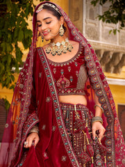 Tantalizing Maroon Zarkan Work Silk Bridal Lehenga Choli With Double Dupatta