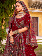 Pretty Maroon Sequins Silk Bridal Wear Lehenga Choli With Double Dupatta