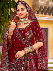 Pretty Maroon Sequins Silk Bridal Wear Lehenga Choli With Double Dupatta