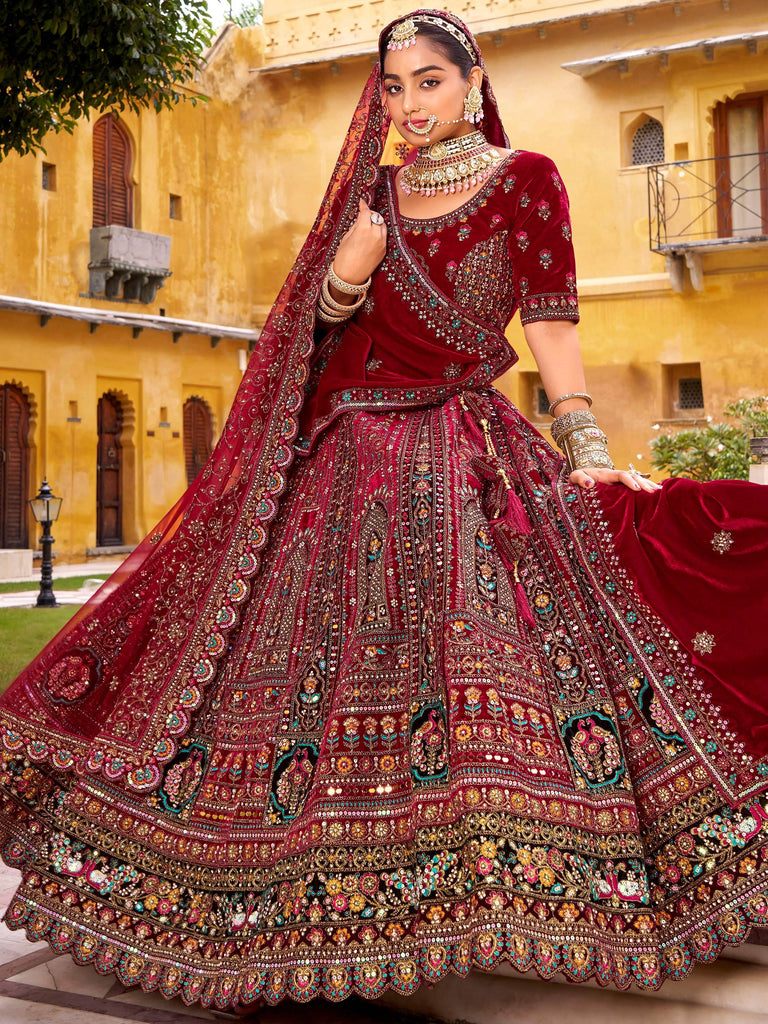 Pretty Maroon Sequins Silk Bridal Wear Lehenga Choli With Double Dupatta