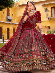 Pretty Maroon Sequins Silk Bridal Wear Lehenga Choli With Double Dupatta