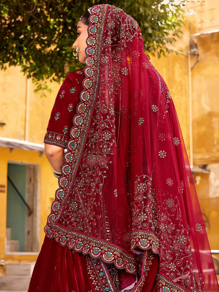 Pretty Maroon Sequins Silk Bridal Wear Lehenga Choli With Double Dupatta