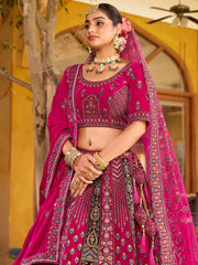 Amazing Rani Pink Zarkan Work Silk Bridal Lehenga Choli With Double Dupatta