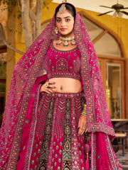 Amazing Rani Pink Zarkan Work Silk Bridal Lehenga Choli With Double Dupatta