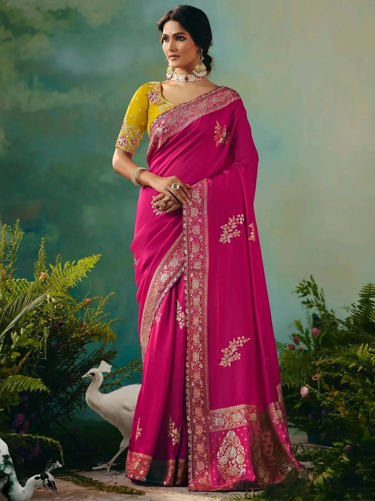 Astonishing Rani Pink Pearl Work Tissue Festival Wear Saree With Blouse