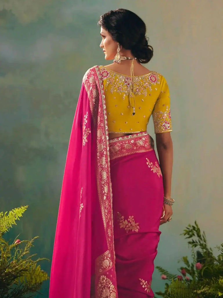 Astonishing Rani Pink Pearl Work Tissue Festival Wear Saree With Blouse