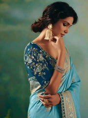 Captivating Sky Blue Hand Work Tissue Event Wear Saree With Blouse