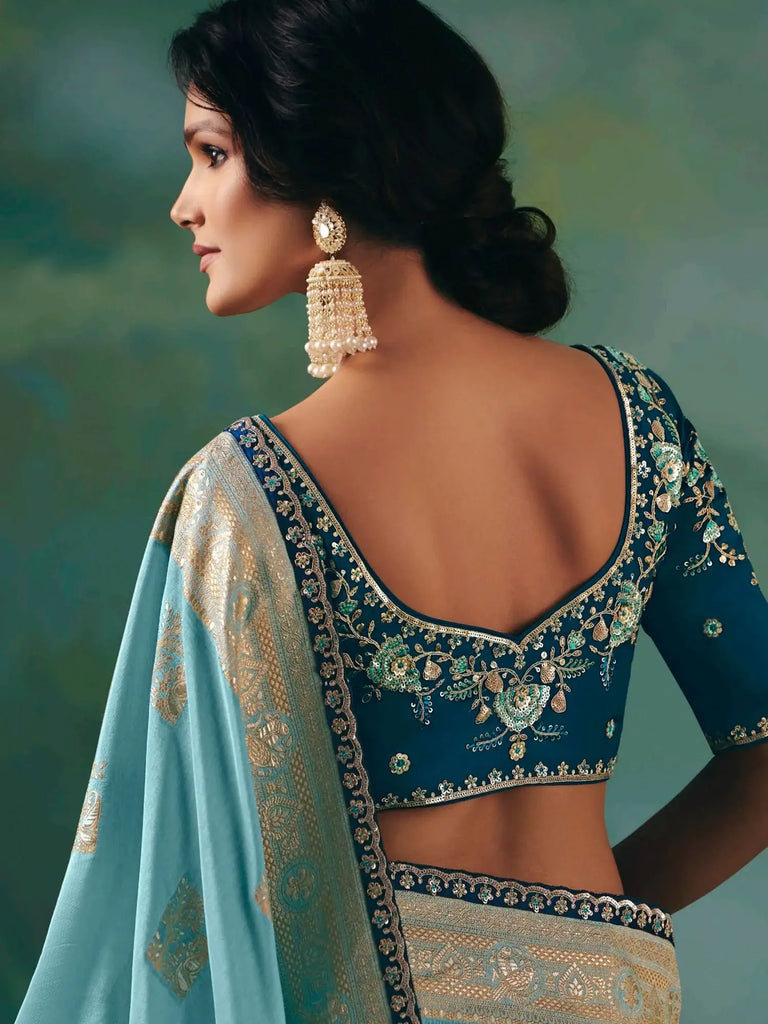Captivating Sky Blue Hand Work Tissue Event Wear Saree With Blouse