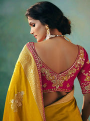 Precious Mustard Yellow Pearl Work Tissue Haldi Wear Saree With Blouse