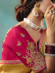 Precious Mustard Yellow Pearl Work Tissue Haldi Wear Saree With Blouse