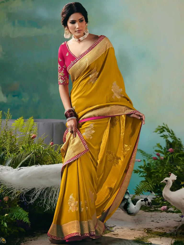 Precious Mustard Yellow Pearl Work Tissue Haldi Wear Saree With Blouse