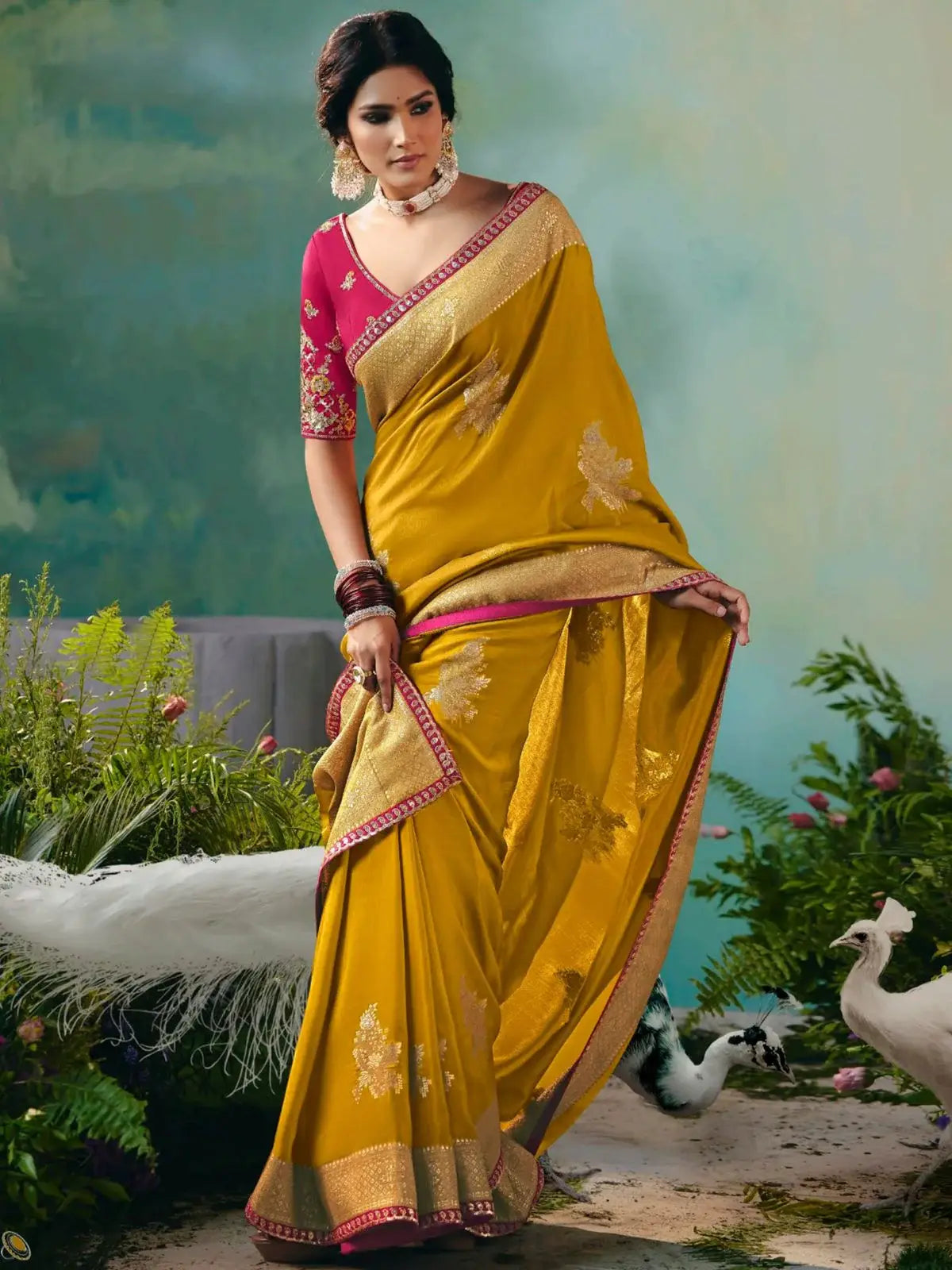 Precious Mustard Yellow Pearl Work Tissue Haldi Wear Saree With Blouse