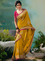 Precious Mustard Yellow Pearl Work Tissue Haldi Wear Saree With Blouse