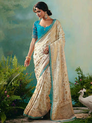 Stunning Off-White Hand Embroidered Tissue Festival Wear Saree With Blouse