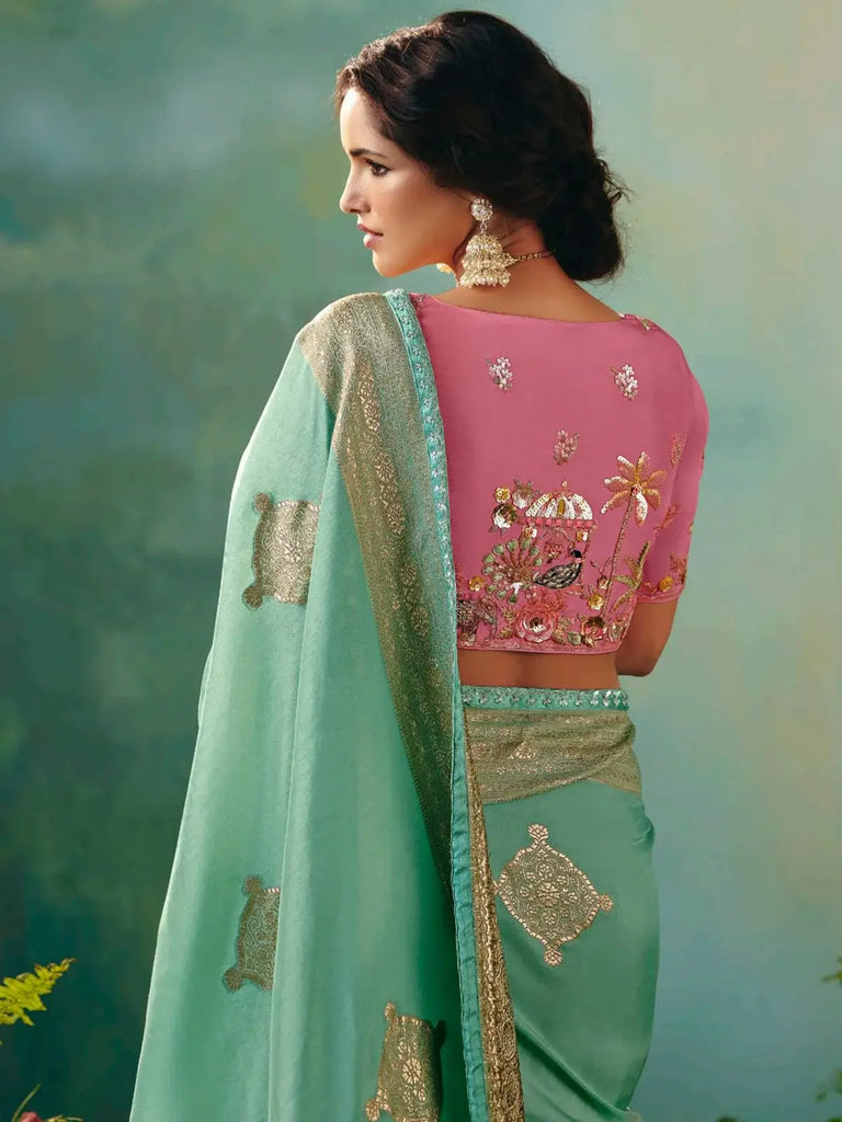 Wonderful Sage Green Peral Work Tissue Function Wear Saree With Blouse