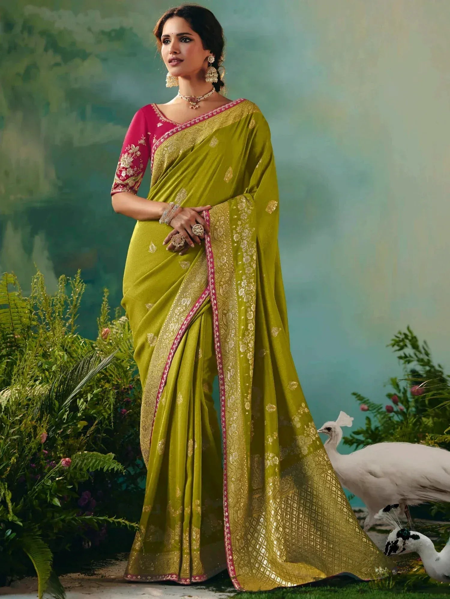 Bewitching Olive Green Hand Work Tissue Mehendi Wear Saree With Blouse