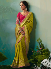 Bewitching Olive Green Hand Work Tissue Mehendi Wear Saree With Blouse
