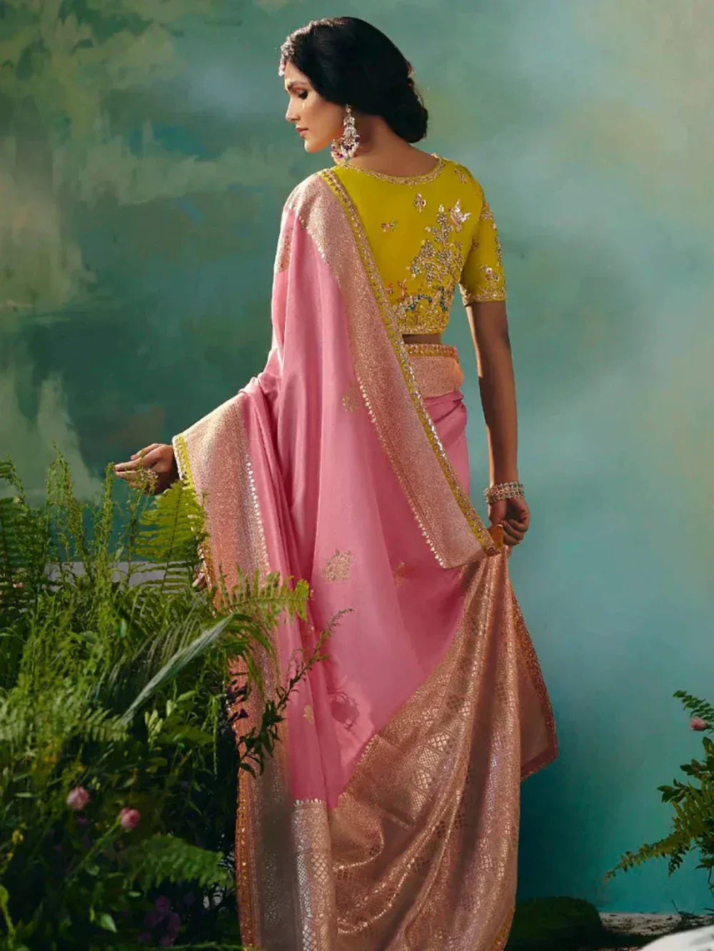 Pink and yellow designer saree with gold embroidery, perfect for Indian ethnic wear occasions