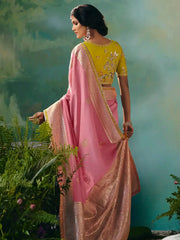 Glamorous Baby Pink Zari Weaving Tissue Engagement Wear Saree With Blouse