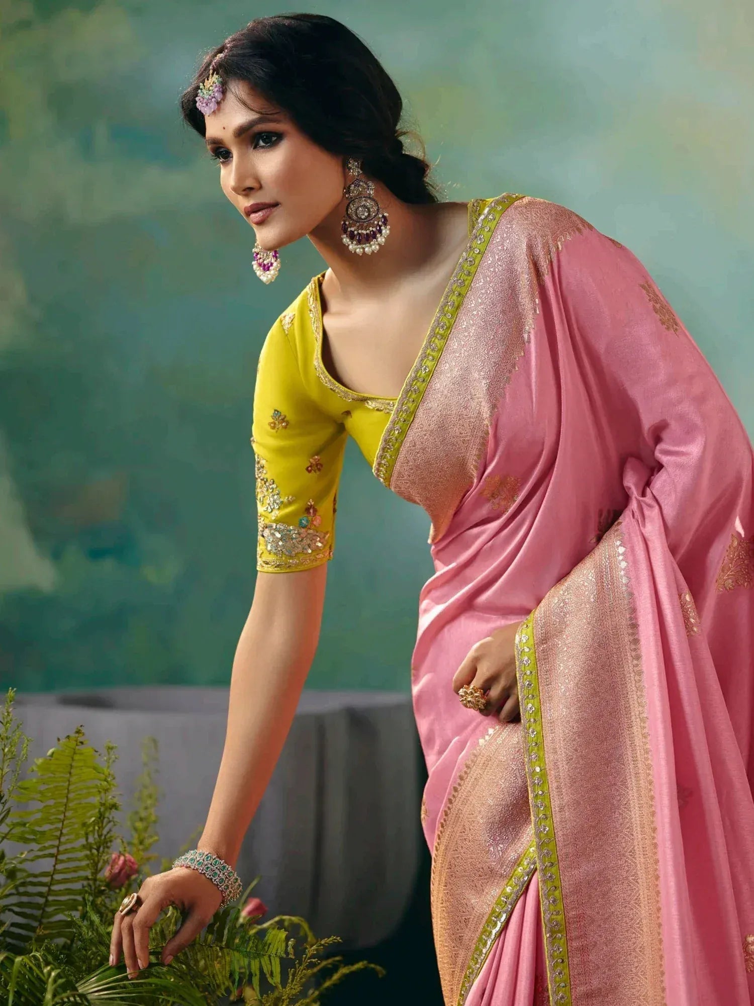 Pink and yellow designer saree with embroidered blouse, perfect for Indian ethnic occasions